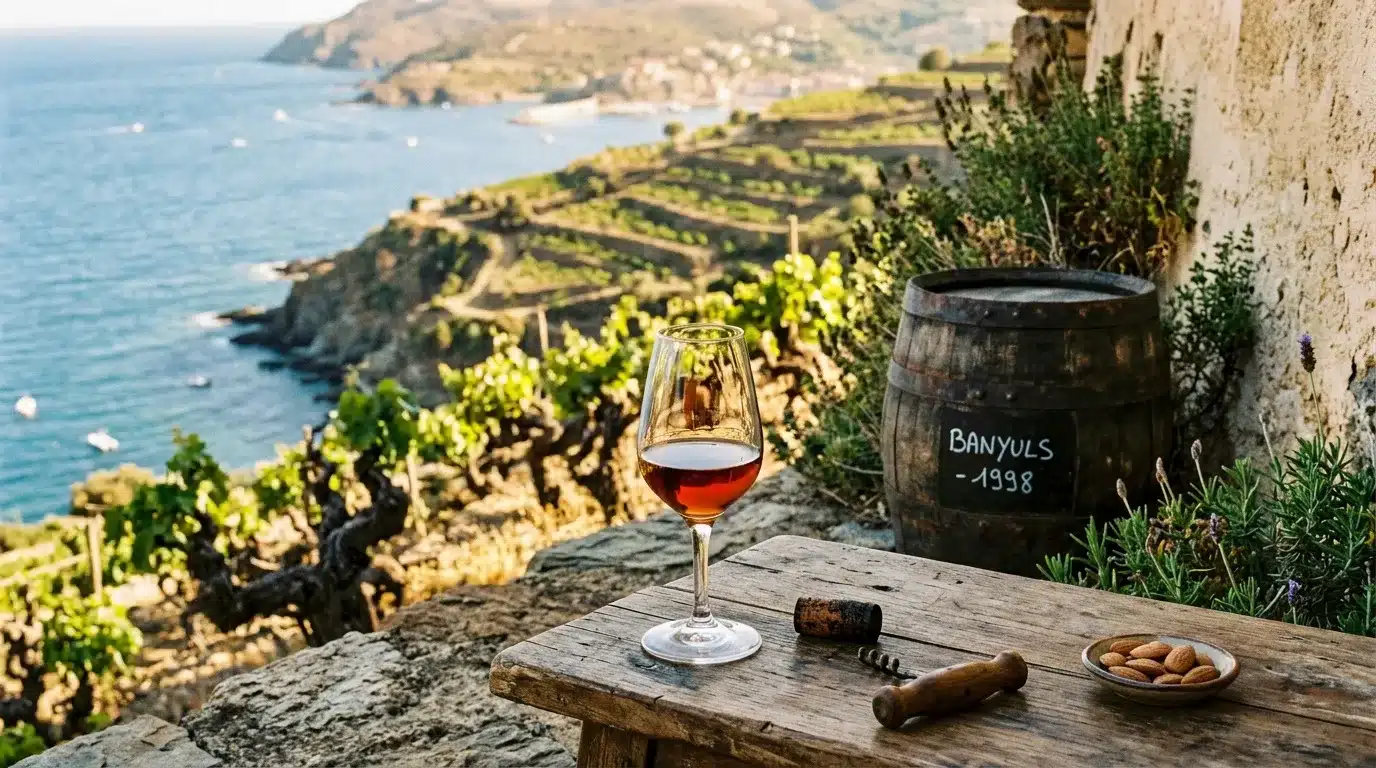 Verre de vin rouge surplombant vignobles en terrasses et mer