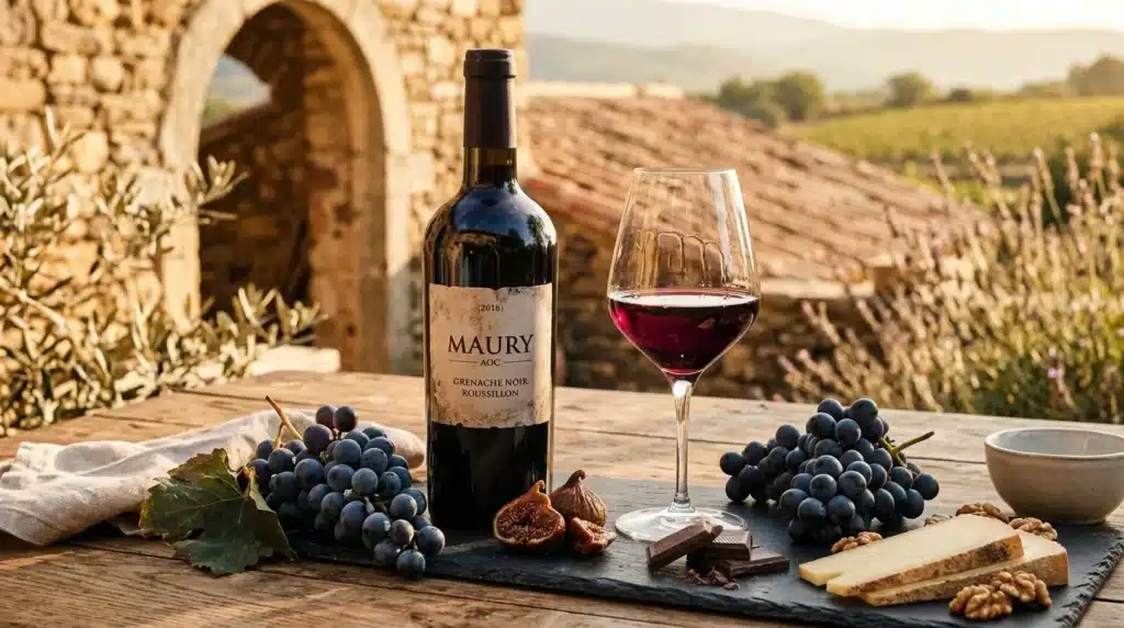 Bouteille de vin rouge Maury avec verre, raisins et fromage