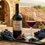 Bouteille de vin rouge Maury avec verre, raisins et fromage