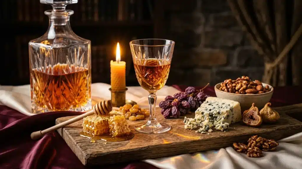 Plateau gastronomique avec spiritueux, fromage bleu, fruits secs et miel