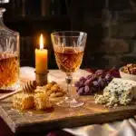 Plateau gastronomique avec spiritueux, fromage bleu, fruits secs et miel