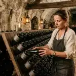 Femme en apron inspectant bouteilles vin cave souterraine