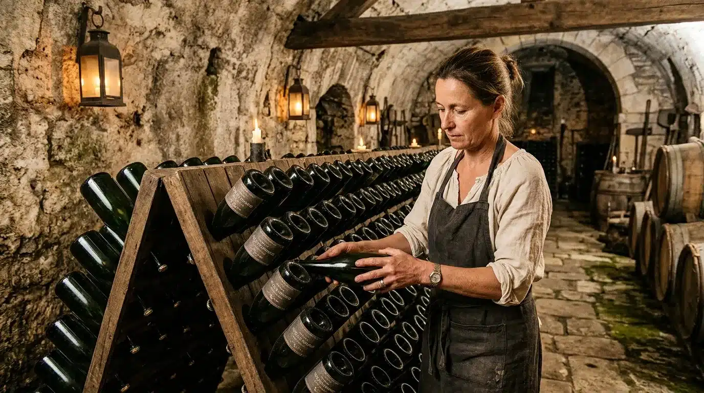 Femme en apron inspectant bouteilles vin cave souterraine