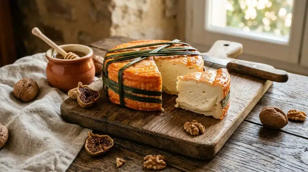Fromage artisanal tranché entouré de noix et figues
