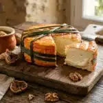 Fromage artisanal tranché entouré de noix et figues