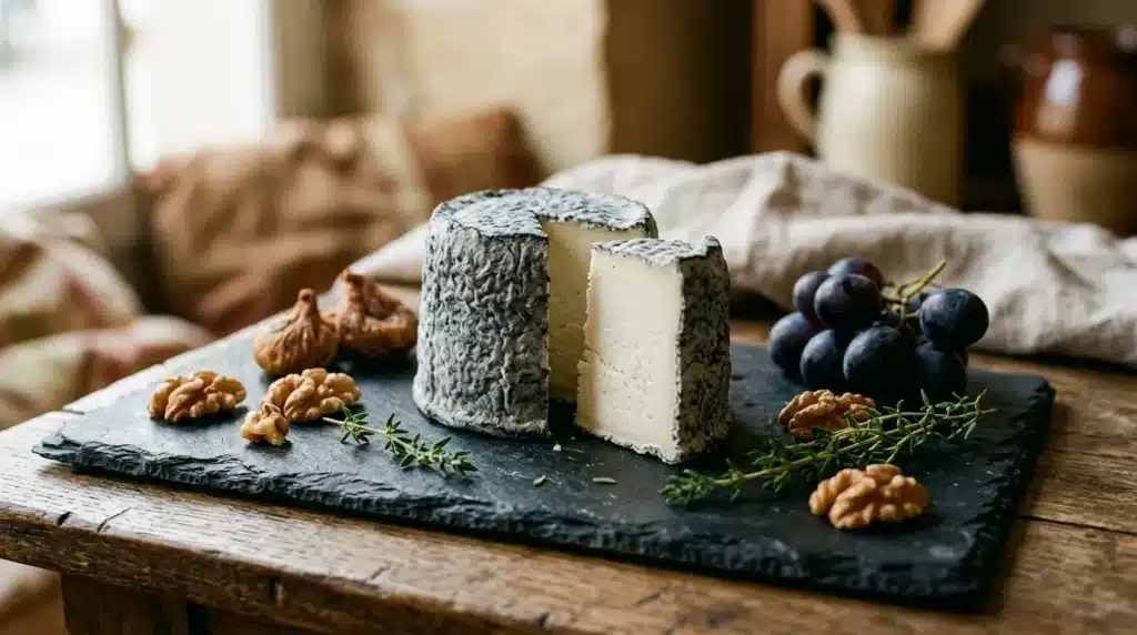 Fromages cendrés avec raisins noirs, noix et herbes aromatiques