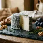 Fromages cendrés avec raisins noirs, noix et herbes aromatiques