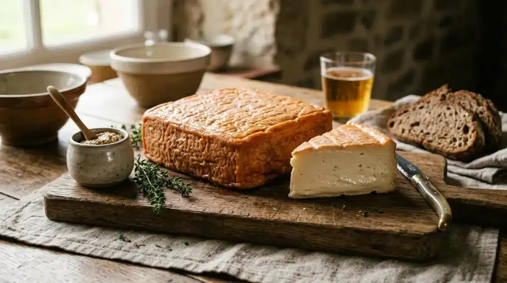 Fromage affiné tranché avec pain et herbes aromatiques
