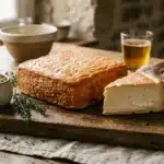 Fromage affiné tranché avec pain et herbes aromatiques