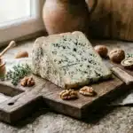 Fromage bleu sur planche bois avec noix et herbes aromatiques