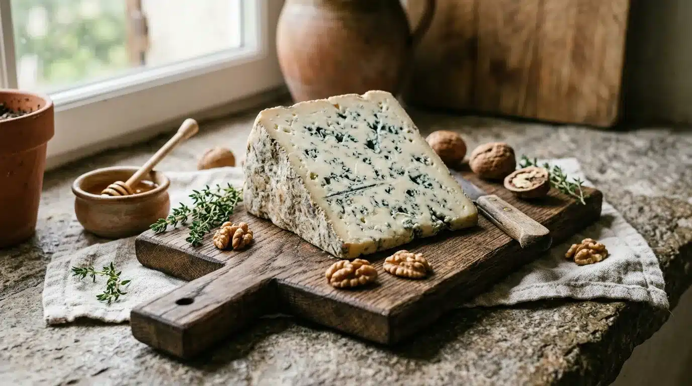 Fromage bleu sur planche bois avec noix et herbes aromatiques
