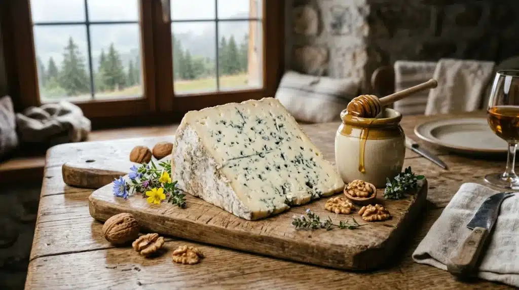 Fromage bleu, miel, noix et fleurs sur planche bois.