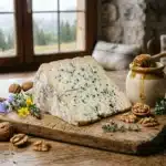 Fromage bleu, miel, noix et fleurs sur planche bois.