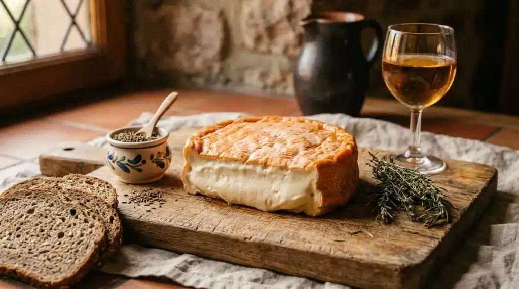 Fromage, pain complet, herbes aromatiques et verre de vin blanc