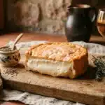 Fromage, pain complet, herbes aromatiques et verre de vin blanc