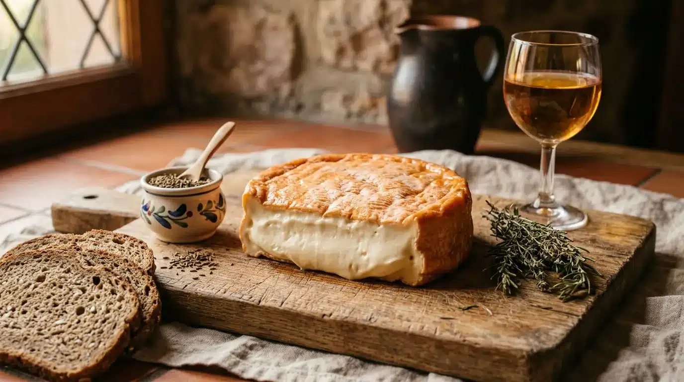 Fromage, pain complet, herbes aromatiques et verre de vin blanc