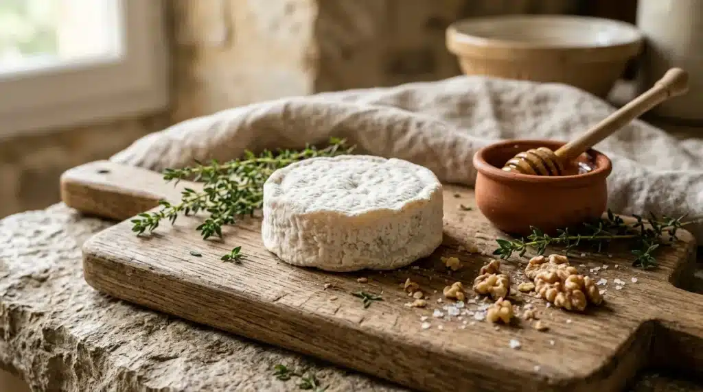 Fromage blanc sur planche bois avec herbes et miel