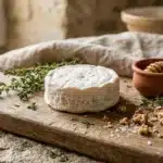 Fromage blanc sur planche bois avec herbes et miel