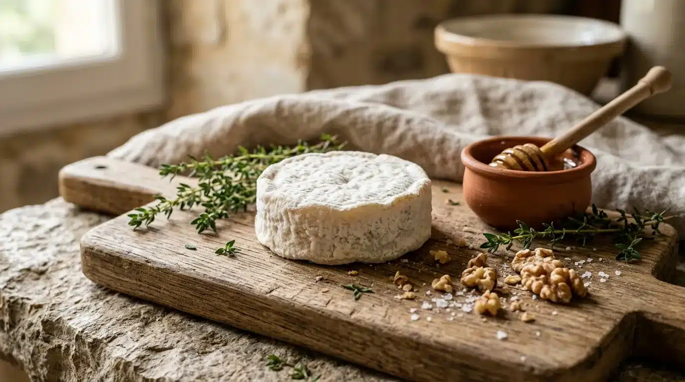 Fromage blanc sur planche bois avec herbes et miel