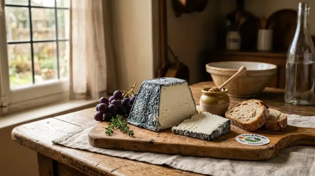 Fromage affiné, raisin, pain et herbes sur planche bois