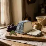Fromage affiné, raisin, pain et herbes sur planche bois