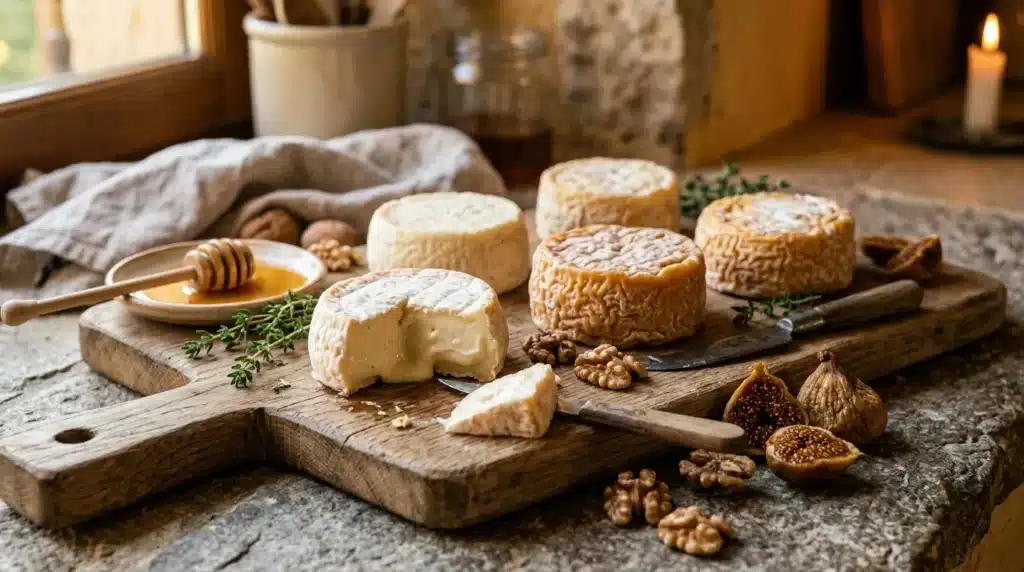 Fromages variés, miel, noix et figs sur planche bois