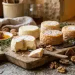 Fromages variés, miel, noix et figs sur planche bois