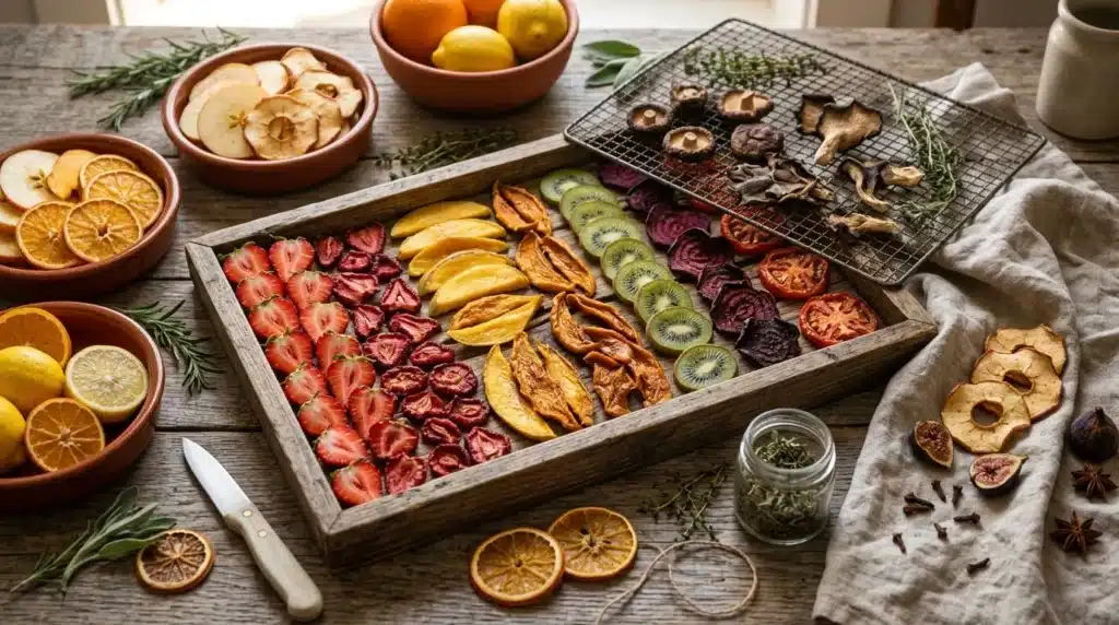 Fruits et légumes séchés colorés arrangés artistiquement sur plateau