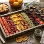 Fruits et légumes séchés colorés arrangés artistiquement sur plateau