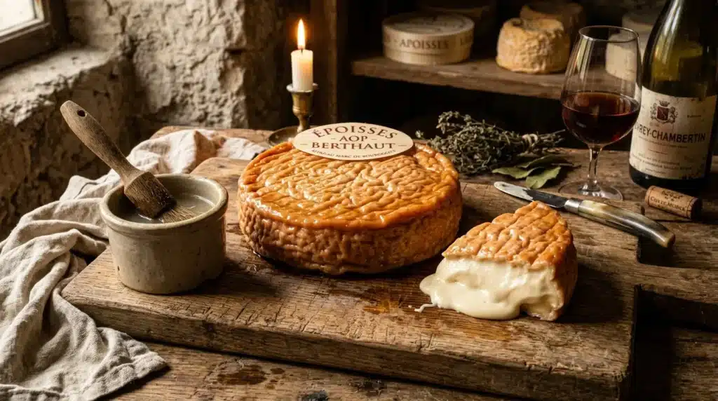 Fromage Époisses avec croûte dorée et verre de vin rouge