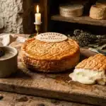 Fromage Époisses avec croûte dorée et verre de vin rouge