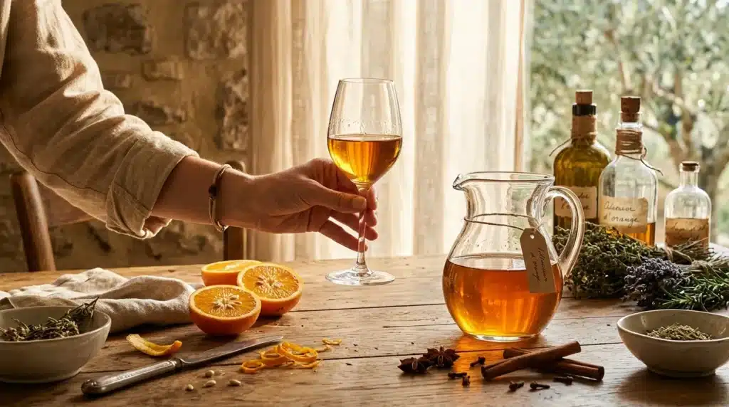 Femme versant liqueur dorée dans verre avec herbes et agrumes