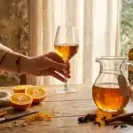 Femme versant liqueur dorée dans verre avec herbes et agrumes