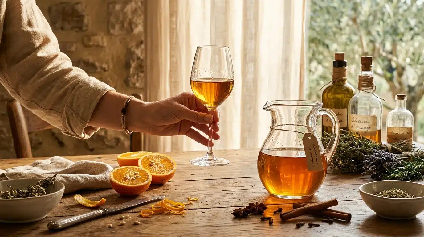 Femme versant liqueur dorée dans verre avec herbes et agrumes