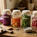 Bocaux de légumes fermentés étiquetés sur plan de travail rustique