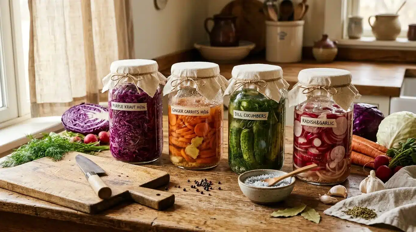 Bocaux de légumes fermentés étiquetés sur plan de travail rustique