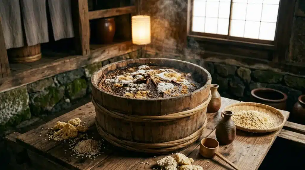 Récipient bois contenant miso fermenté, ingrédients et ustensiles traditionnels