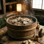 Récipient bois contenant miso fermenté, ingrédients et ustensiles traditionnels