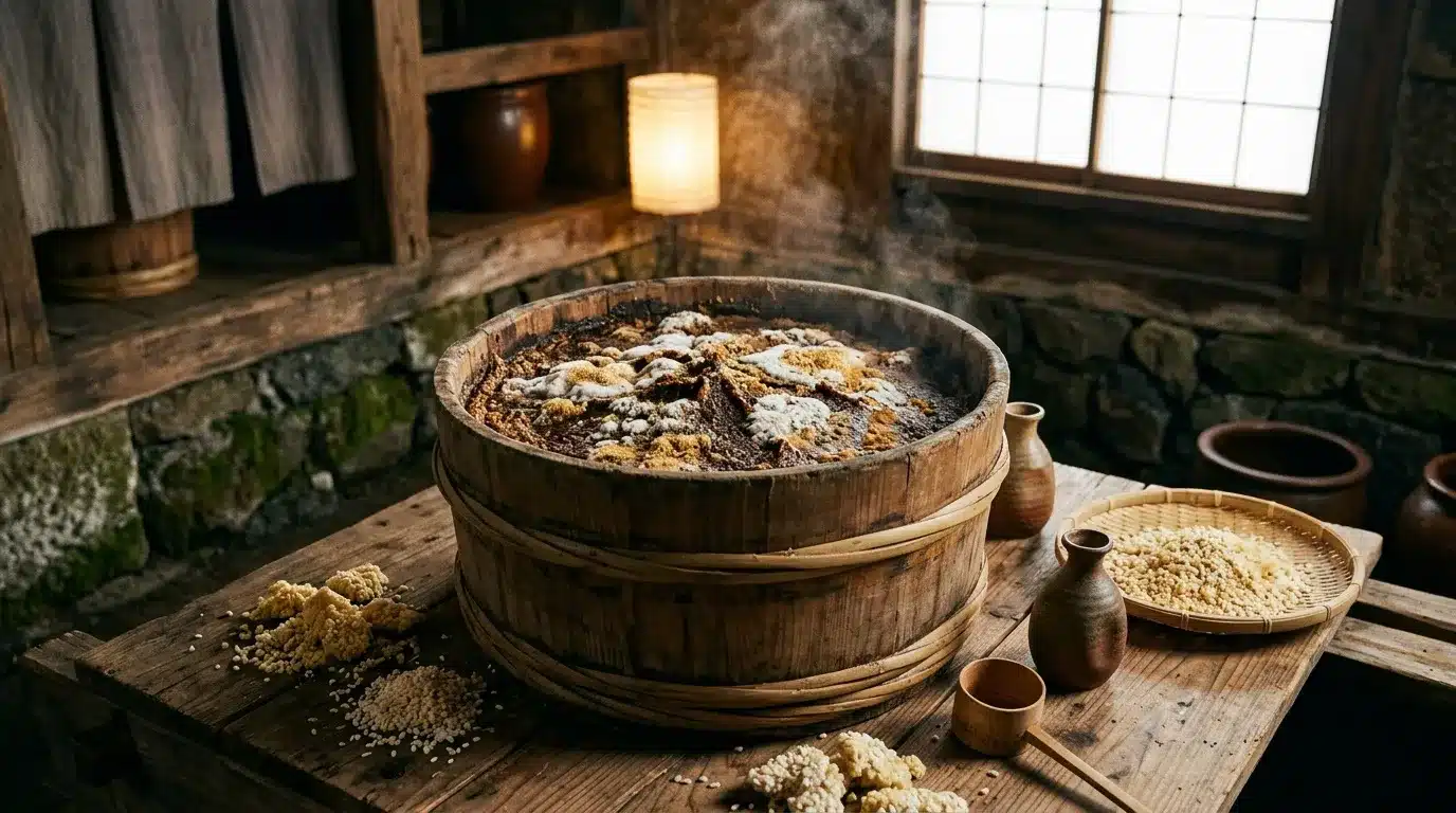 Récipient bois contenant miso fermenté, ingrédients et ustensiles traditionnels