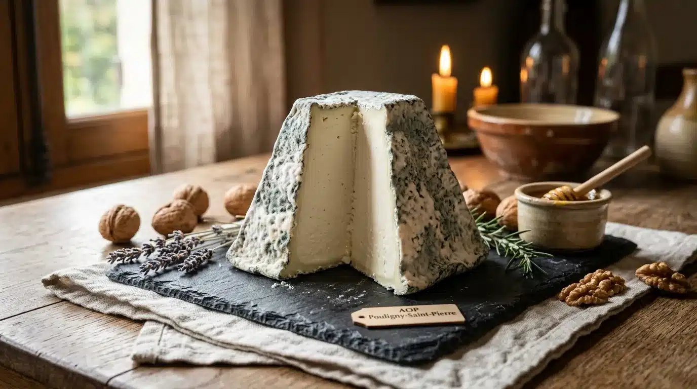Fromage blanc AOP présenté sur ardoise avec noix et lavande