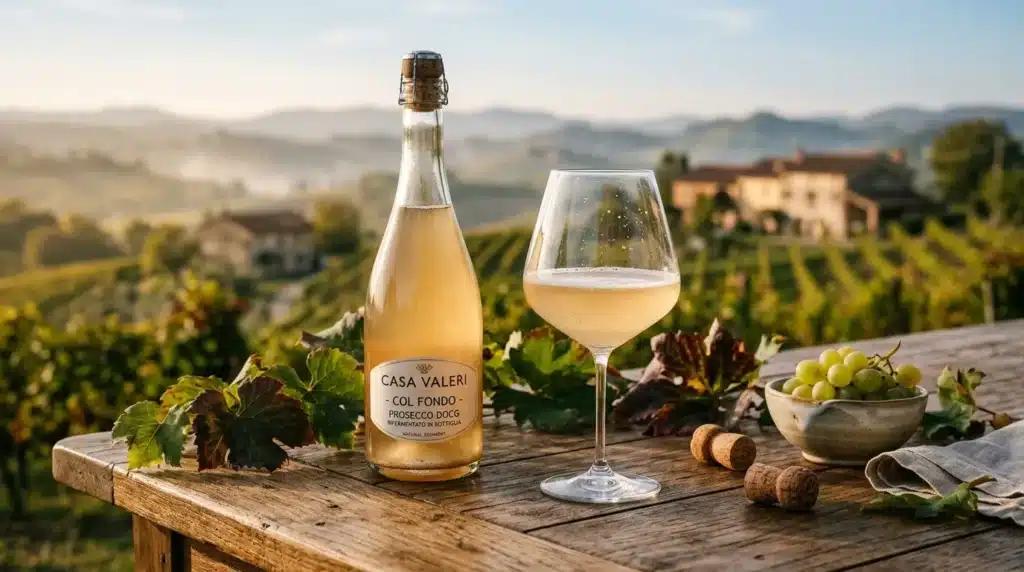 Bouteille et verre de prosecco devant vignobles toscans