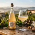 Bouteille et verre de prosecco devant vignobles toscans