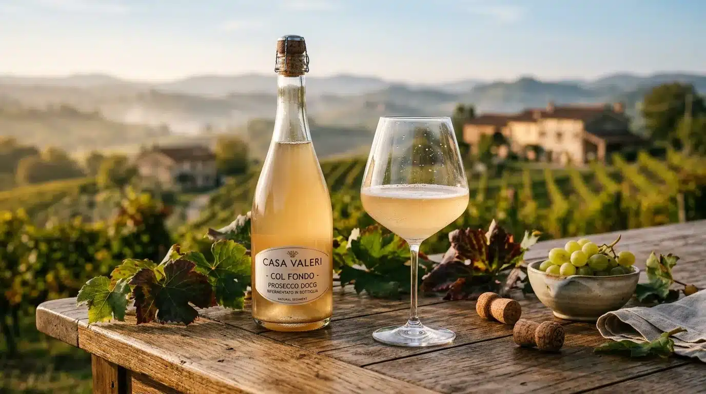 Bouteille et verre de prosecco devant vignobles toscans