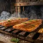 Filets de saumon fumés sur planche bois devant feu