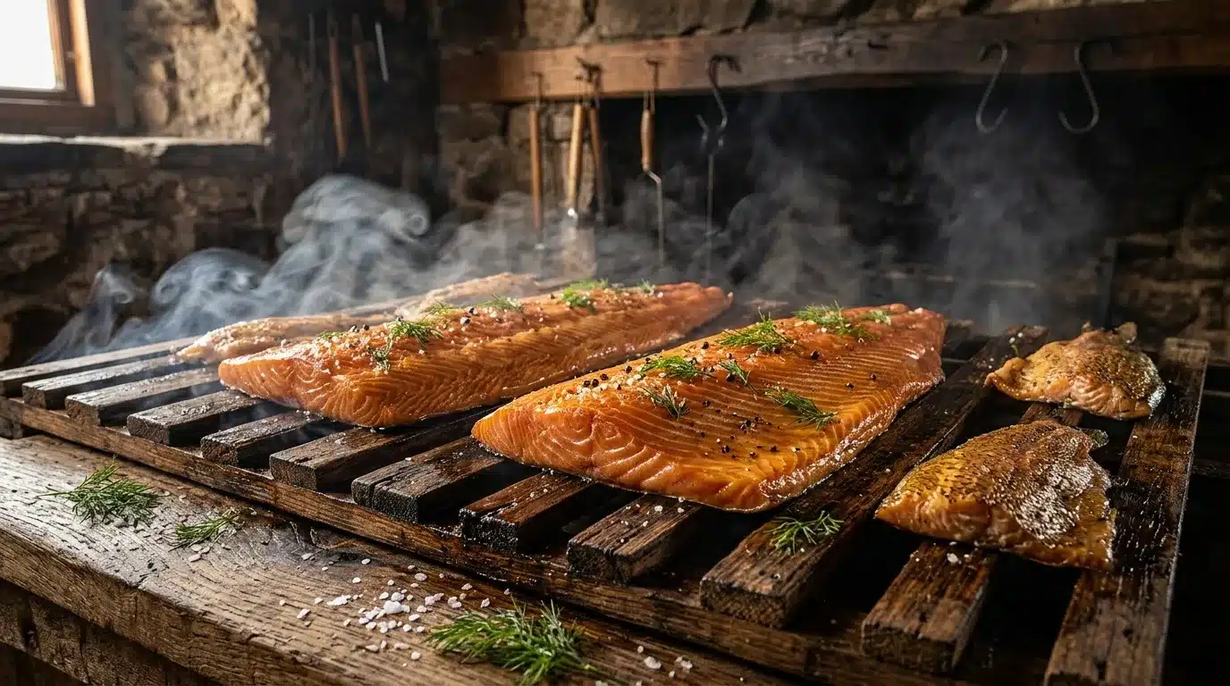 Filets de saumon fumés sur planche bois devant feu