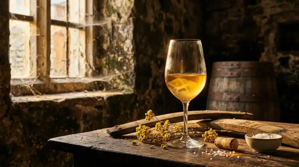 Verre de vin doré sur table rustique en cave ancienne
