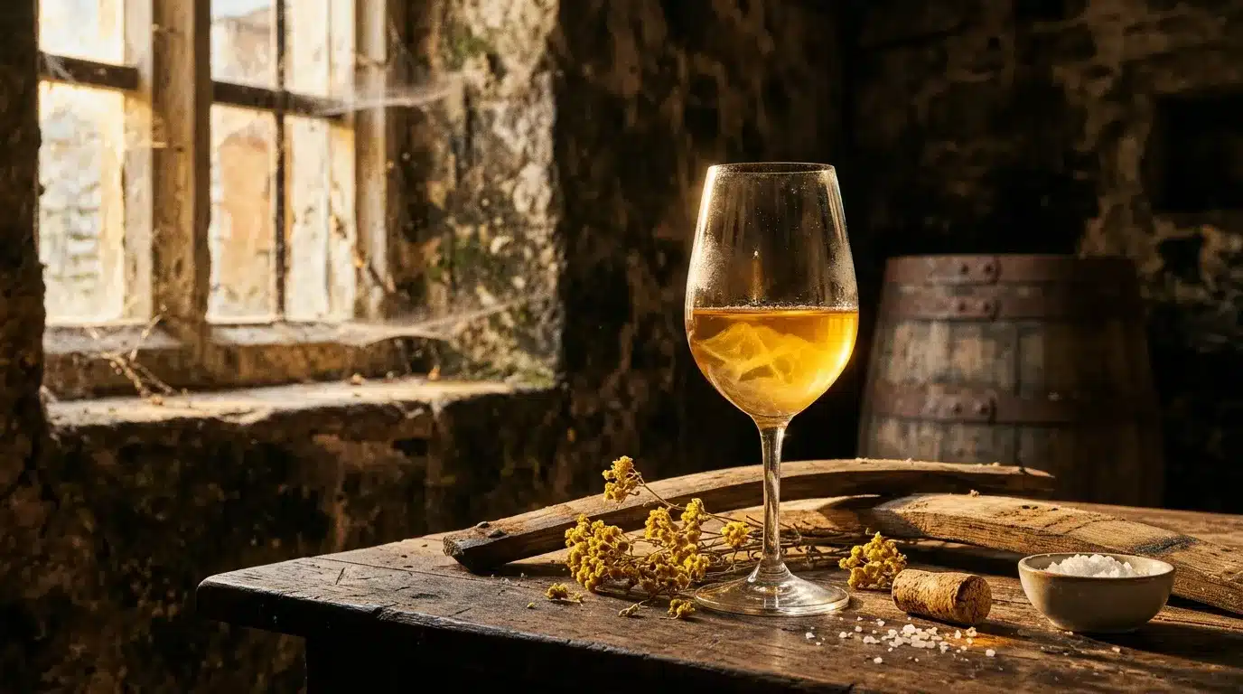 Verre de vin doré sur table rustique en cave ancienne