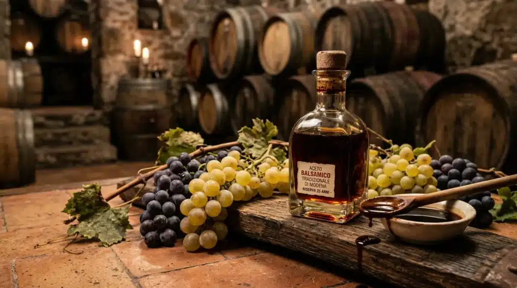 Bouteille de vinaigre balsamique avec raisins frais et tonneaux.